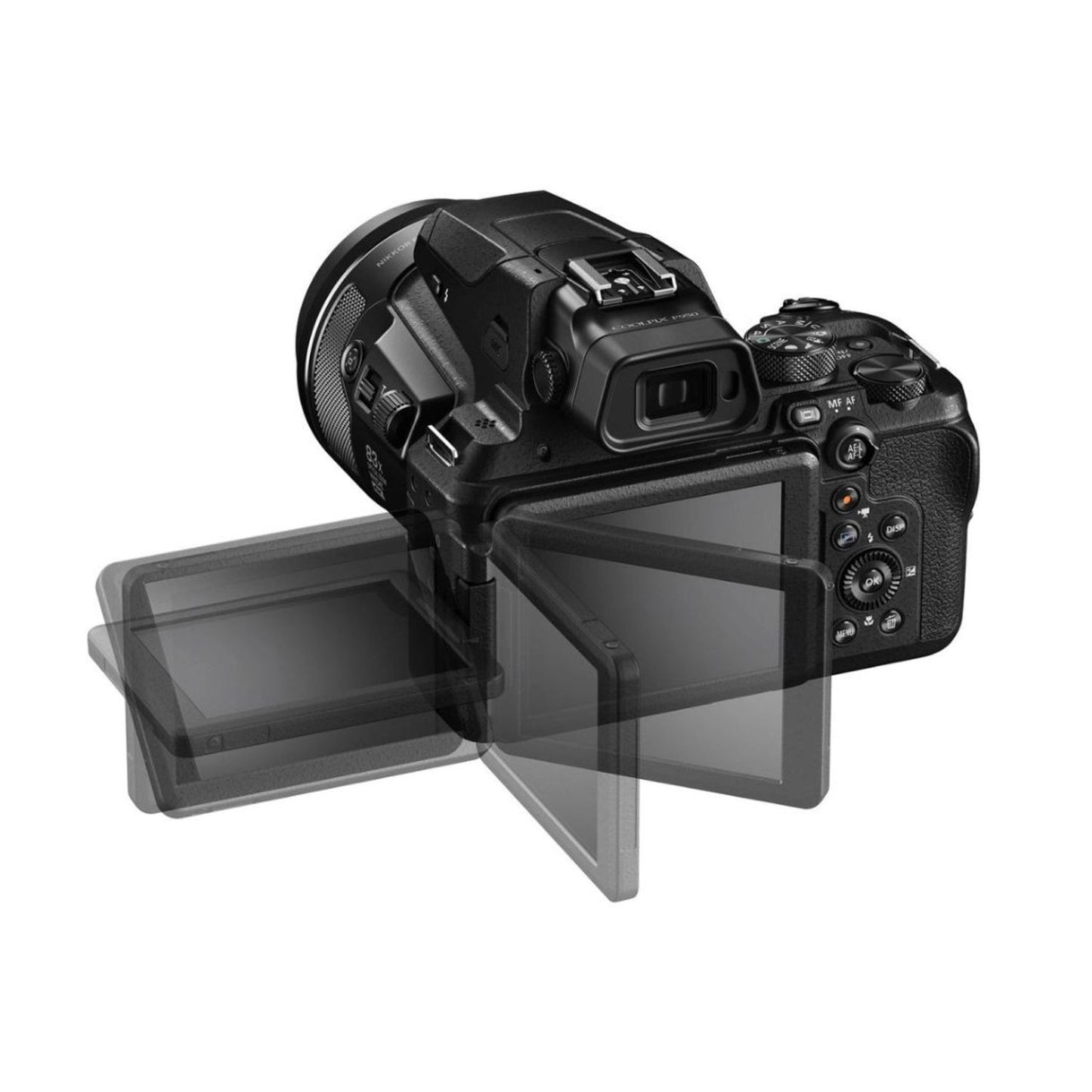 COOLPIX P950 with tilted LCD screen, camera body from rear-left angle