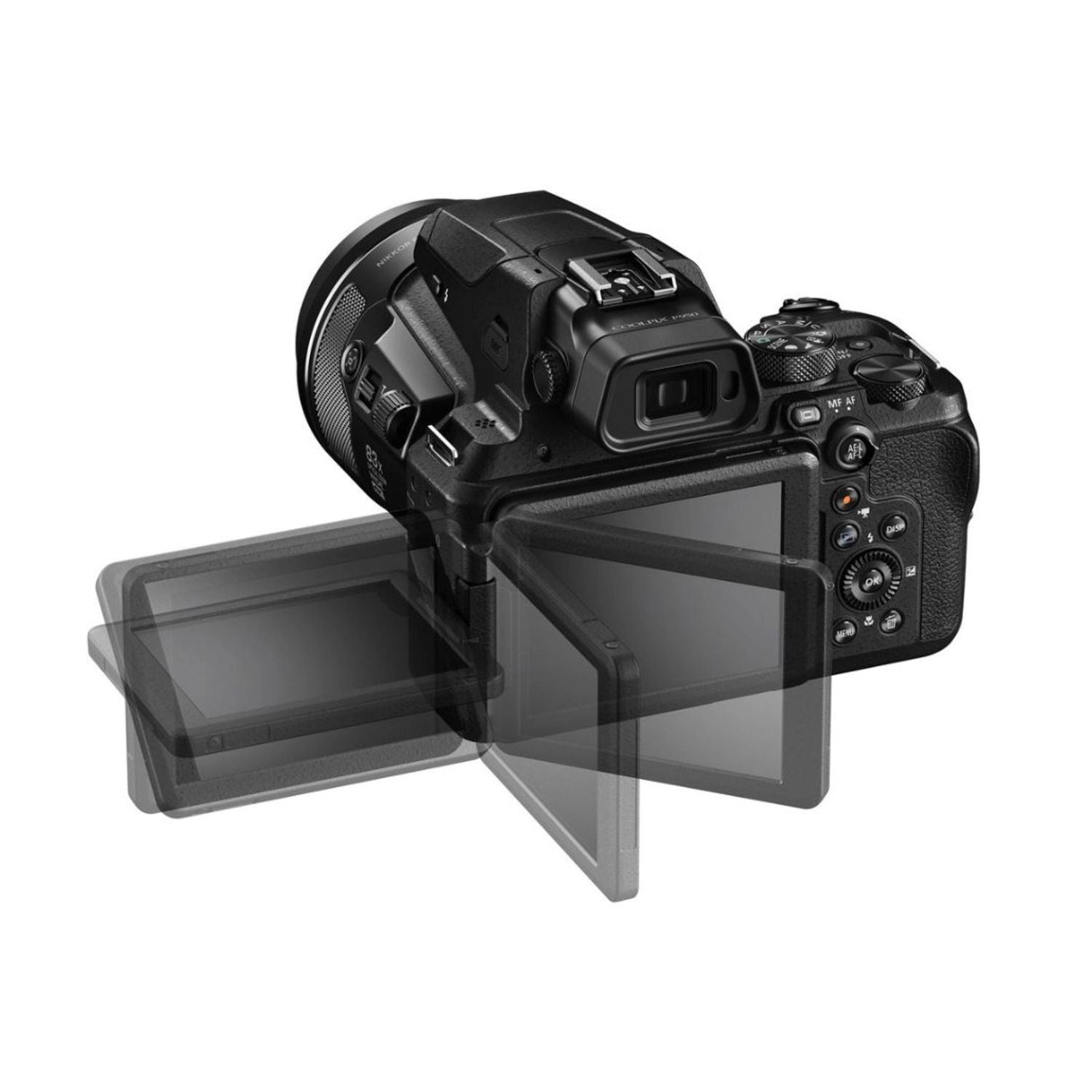 COOLPIX P950 with tilted LCD screen, camera body from rear-left angle