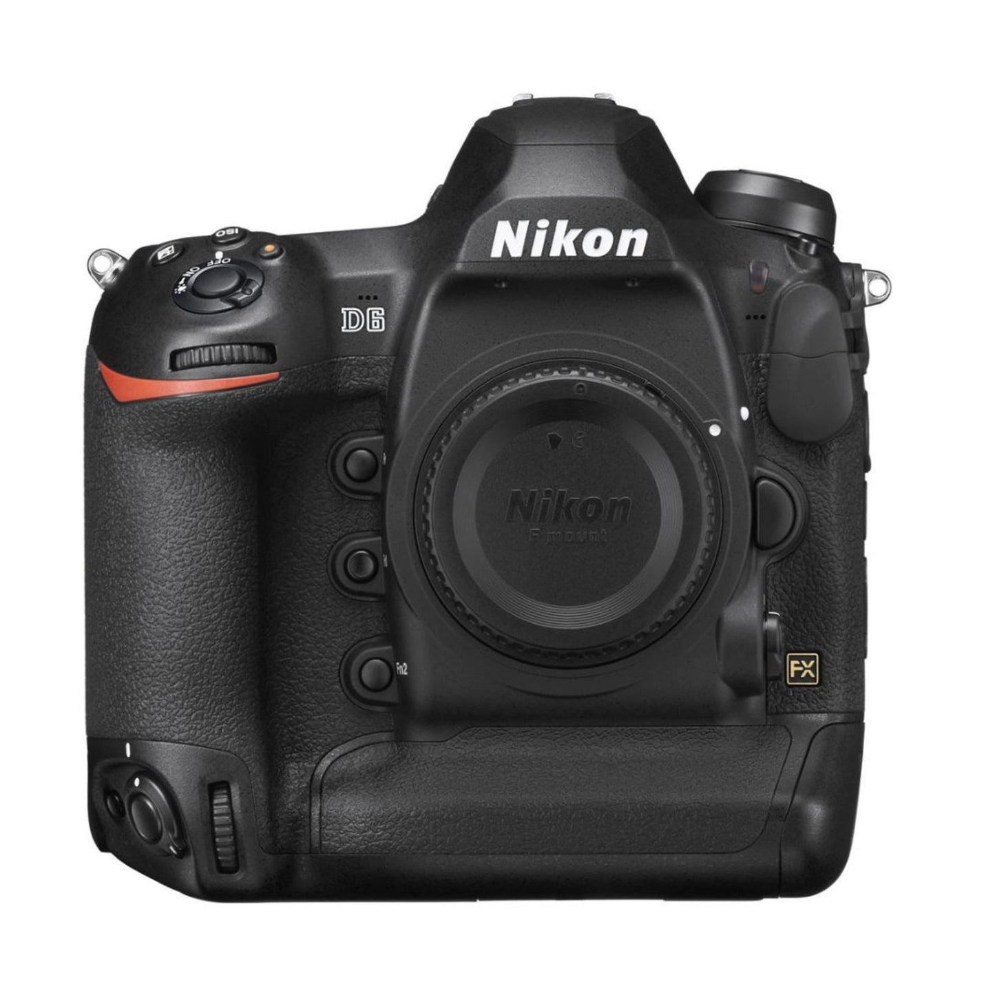 DSLR camera body with Nikon logo, front view; lens mount and mode dial visible