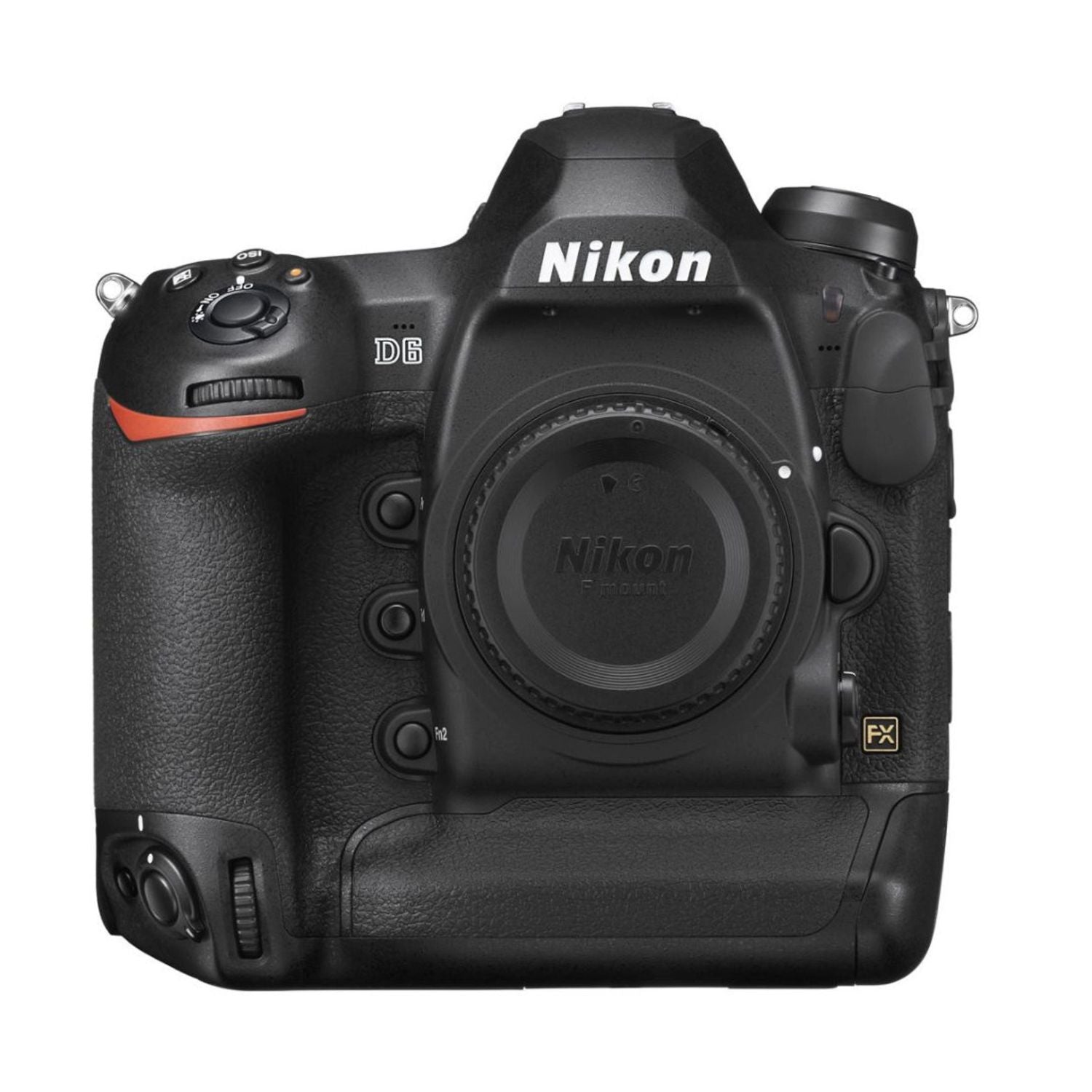DSLR camera body with Nikon logo, front view; lens mount and mode dial visible