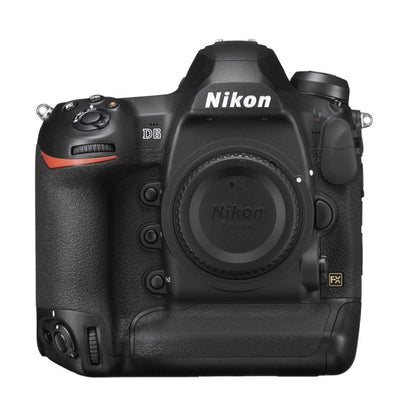 DSLR camera body with Nikon logo, front view; lens mount and mode dial visible