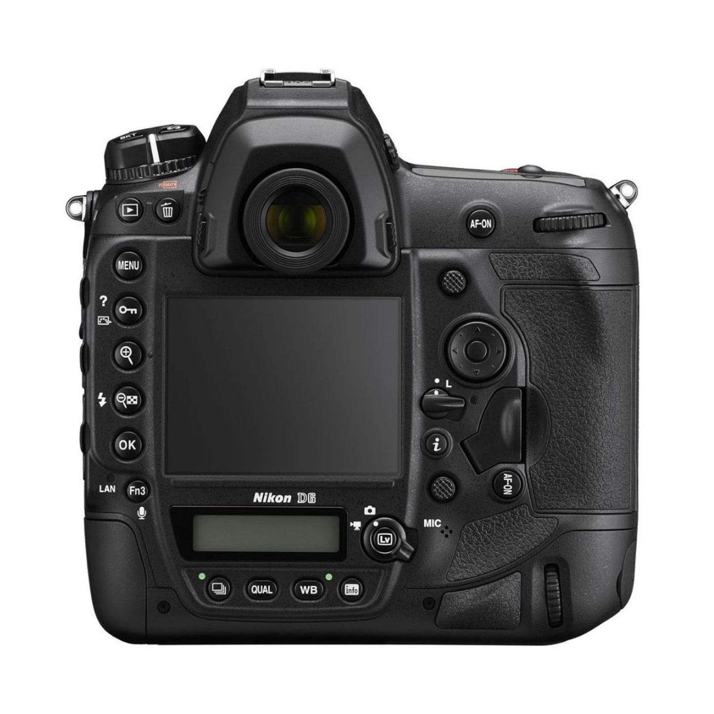DSLR camera back view with LCD screen, control buttons, and AF-ON switch