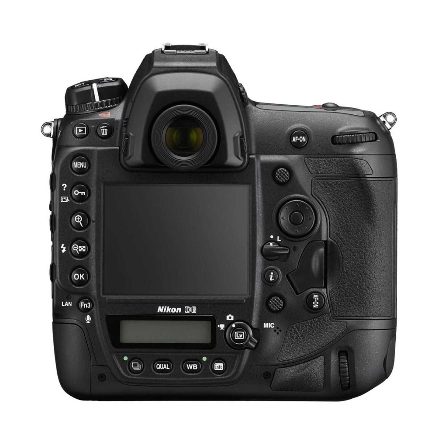 DSLR camera back view with LCD screen, control buttons, and AF-ON switch