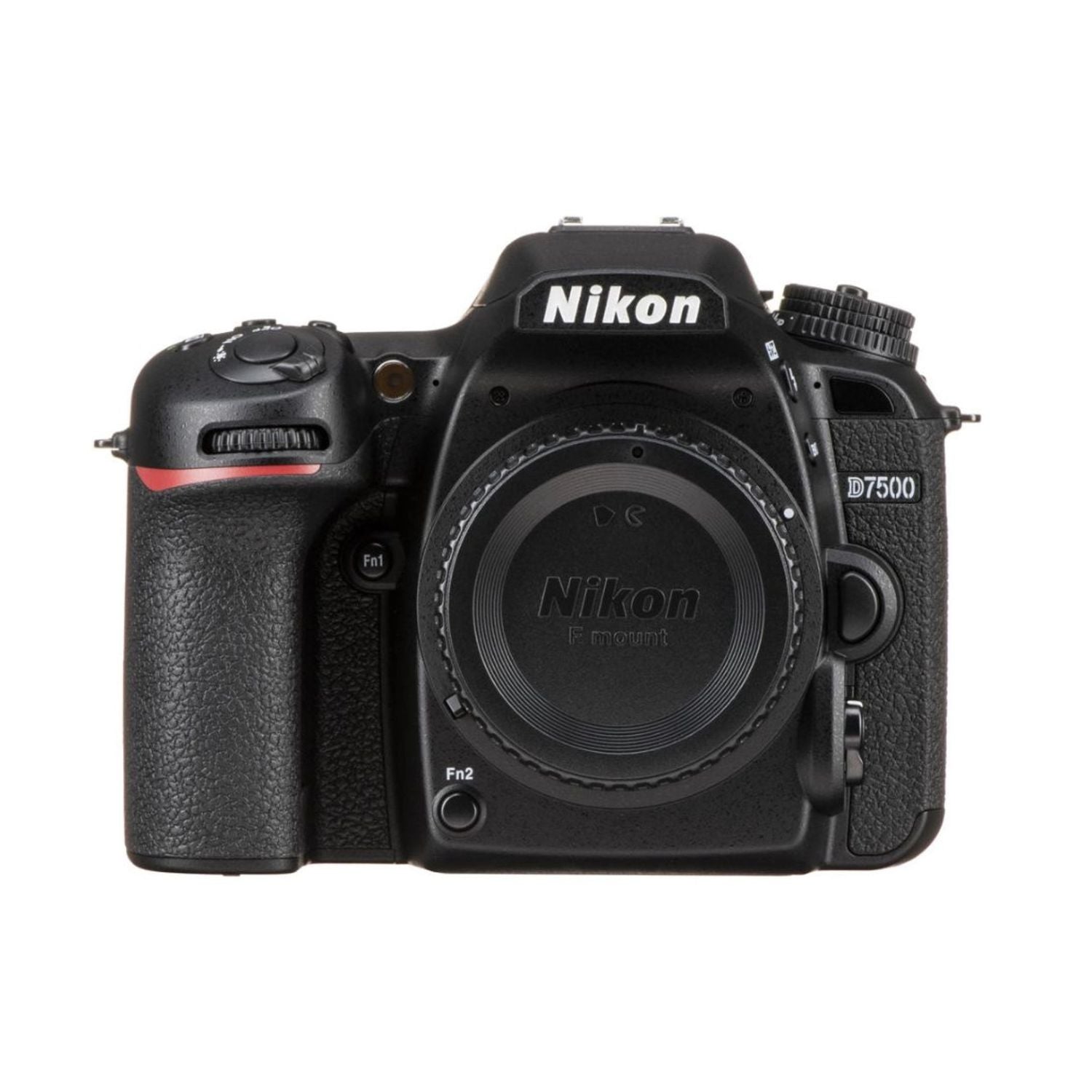 Nikon D7500 DSLR mit Objektivfront, schwarzen Bedienelementen und Zoomring-Ansatz