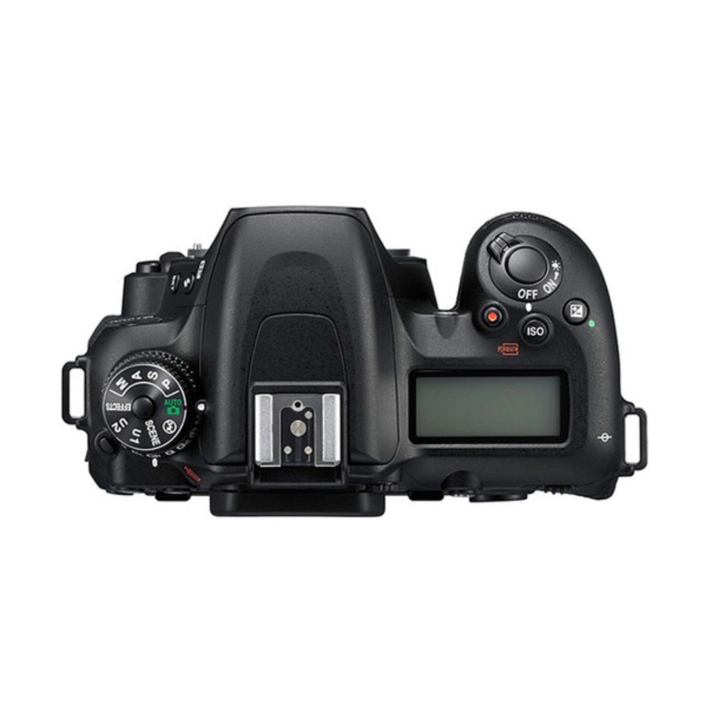 Nikon D7500 DSLR von oben mit Moduswahlrad und ISO-Taste-Regler