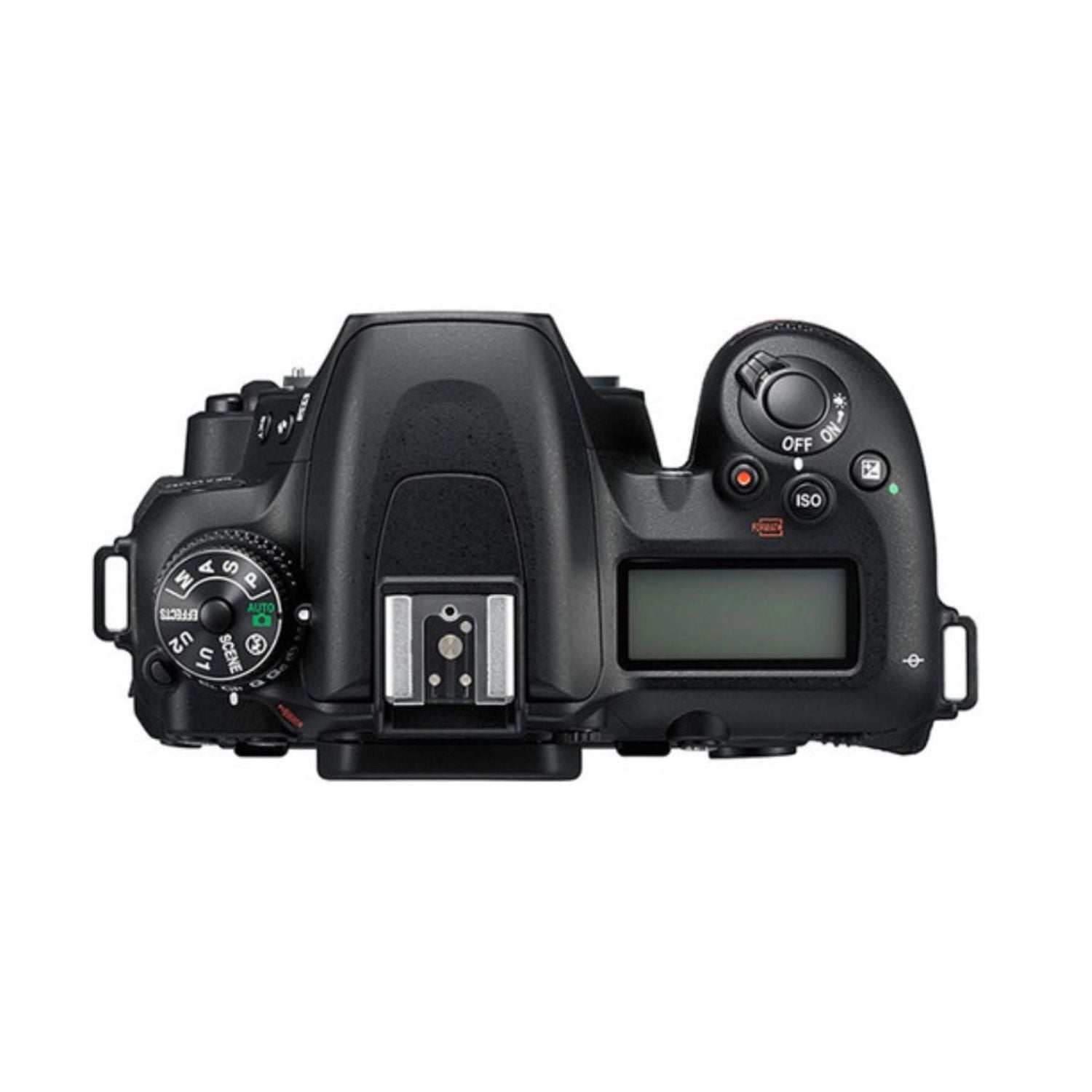 Nikon D7500 DSLR von oben mit Moduswahlrad und ISO-Taste-Regler