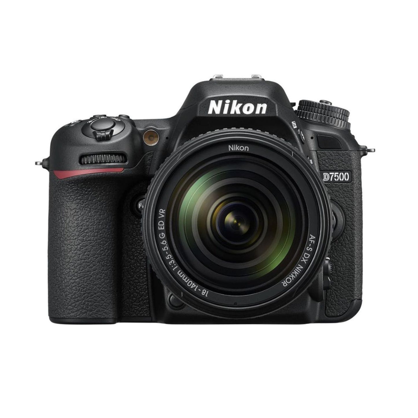 Nikon DSLR camera with 18-140mm lens, front view, black body and zoom lens