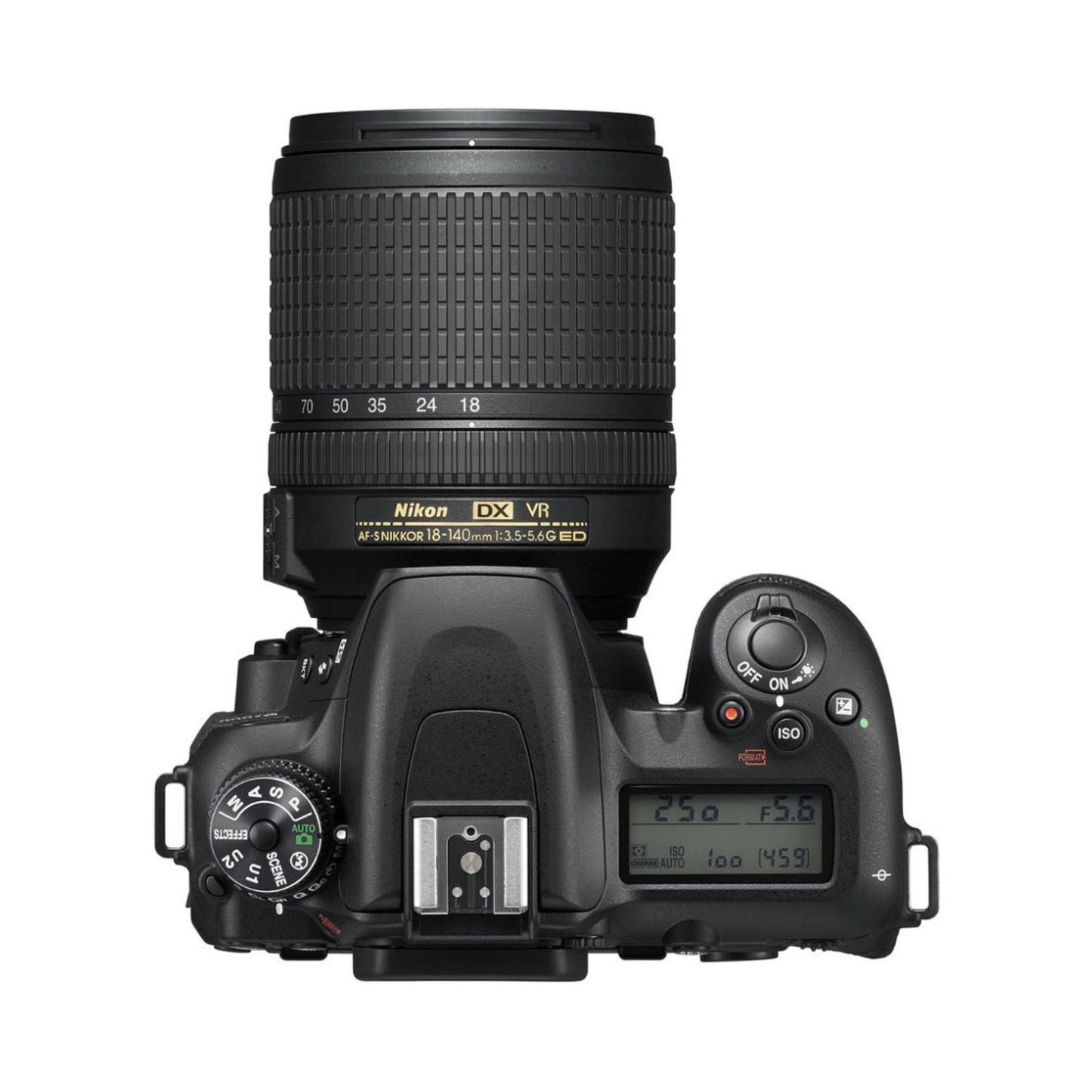 DSLR camera top view with 18-140mm lens, illuminated LCD control screen
