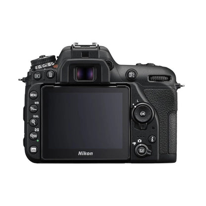 DSLR camera rear view, large LCD display and buttons, Nikon D7500 body