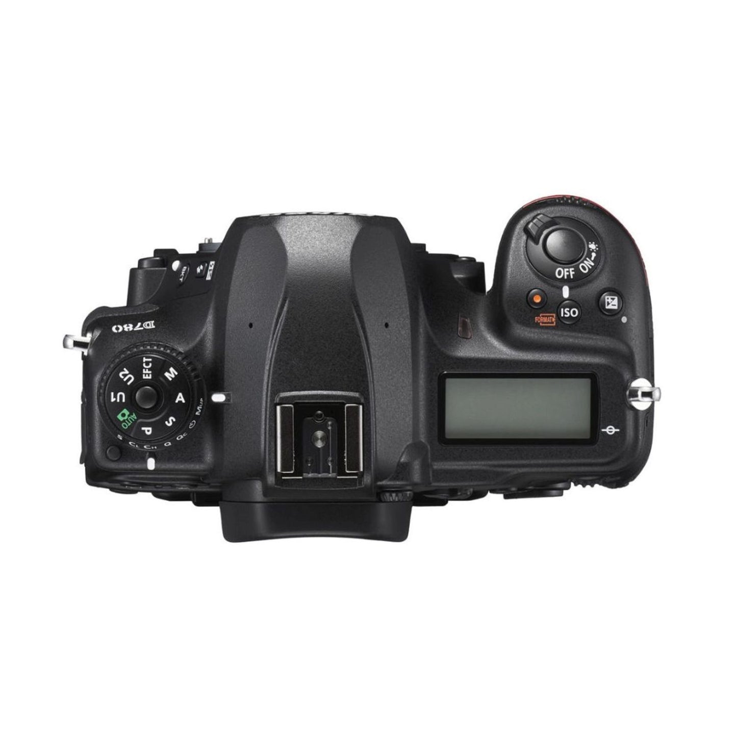 Top view of Nikon D780 DSLR camera with mode dial and ISO controls, black body