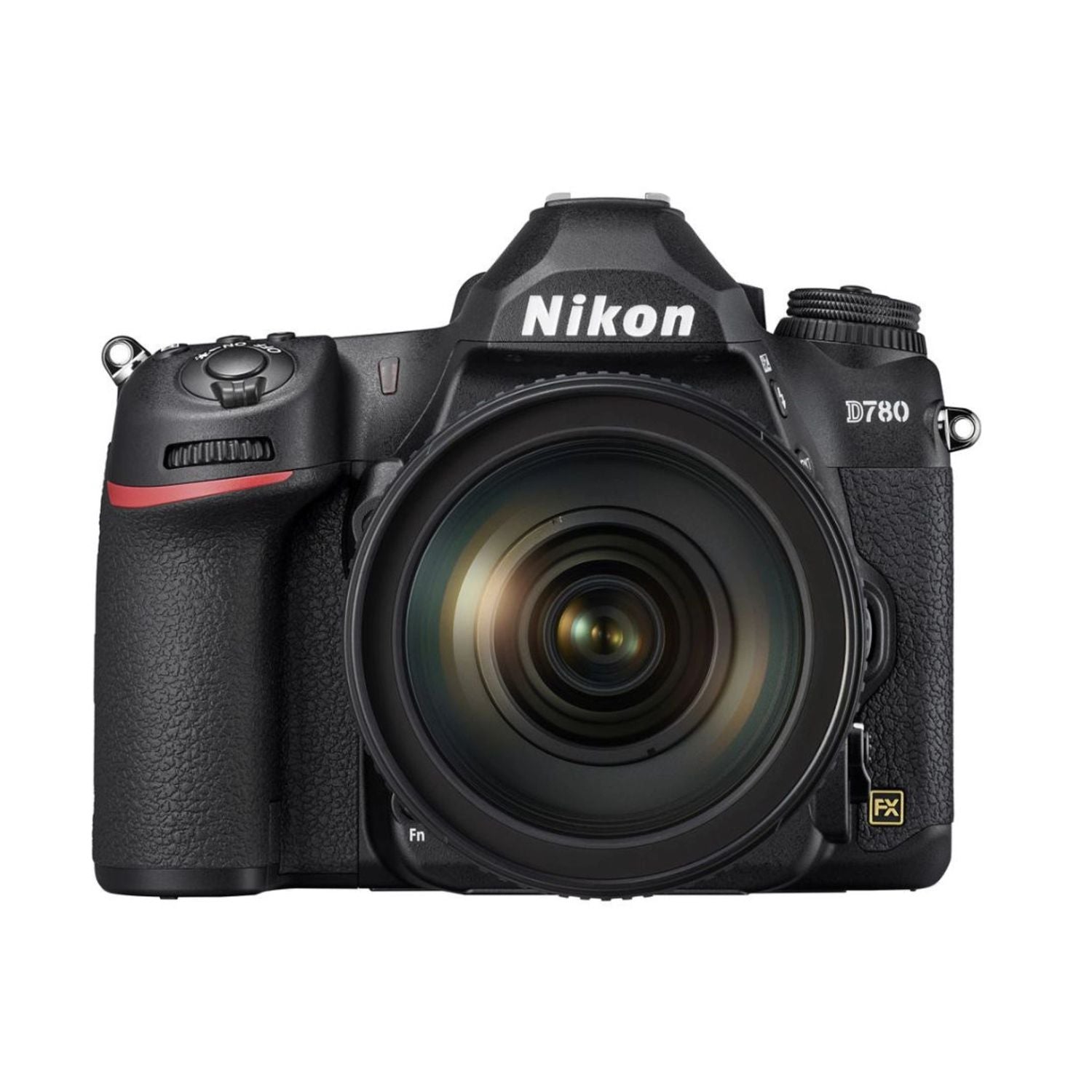 DSLR camera with 24-120mm lens, front view, black body and zoom lens