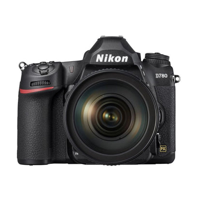DSLR camera with 24-120mm lens, front view, black body and zoom lens