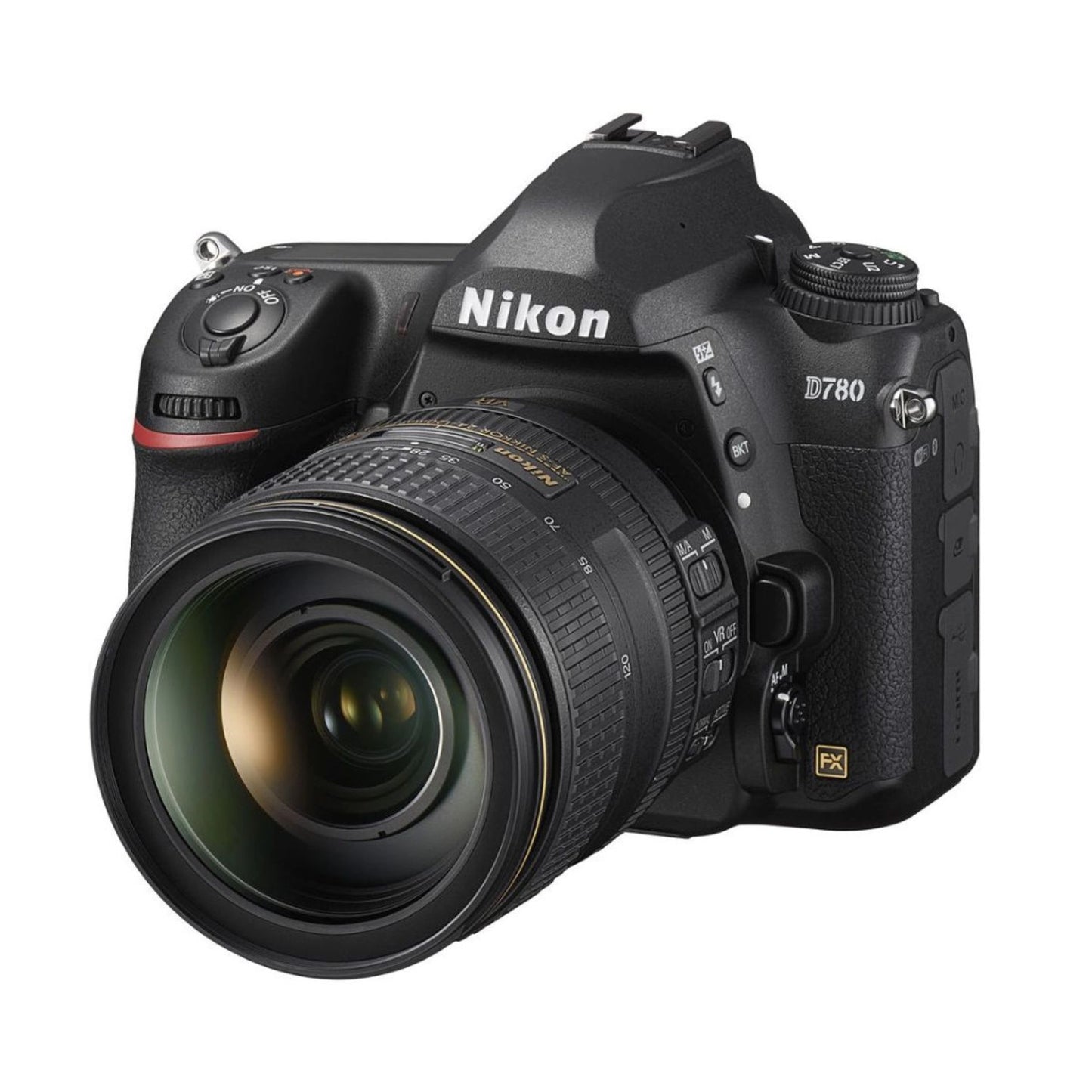 DSLR camera side angle, black 24-120mm lens with focus/zoom rings