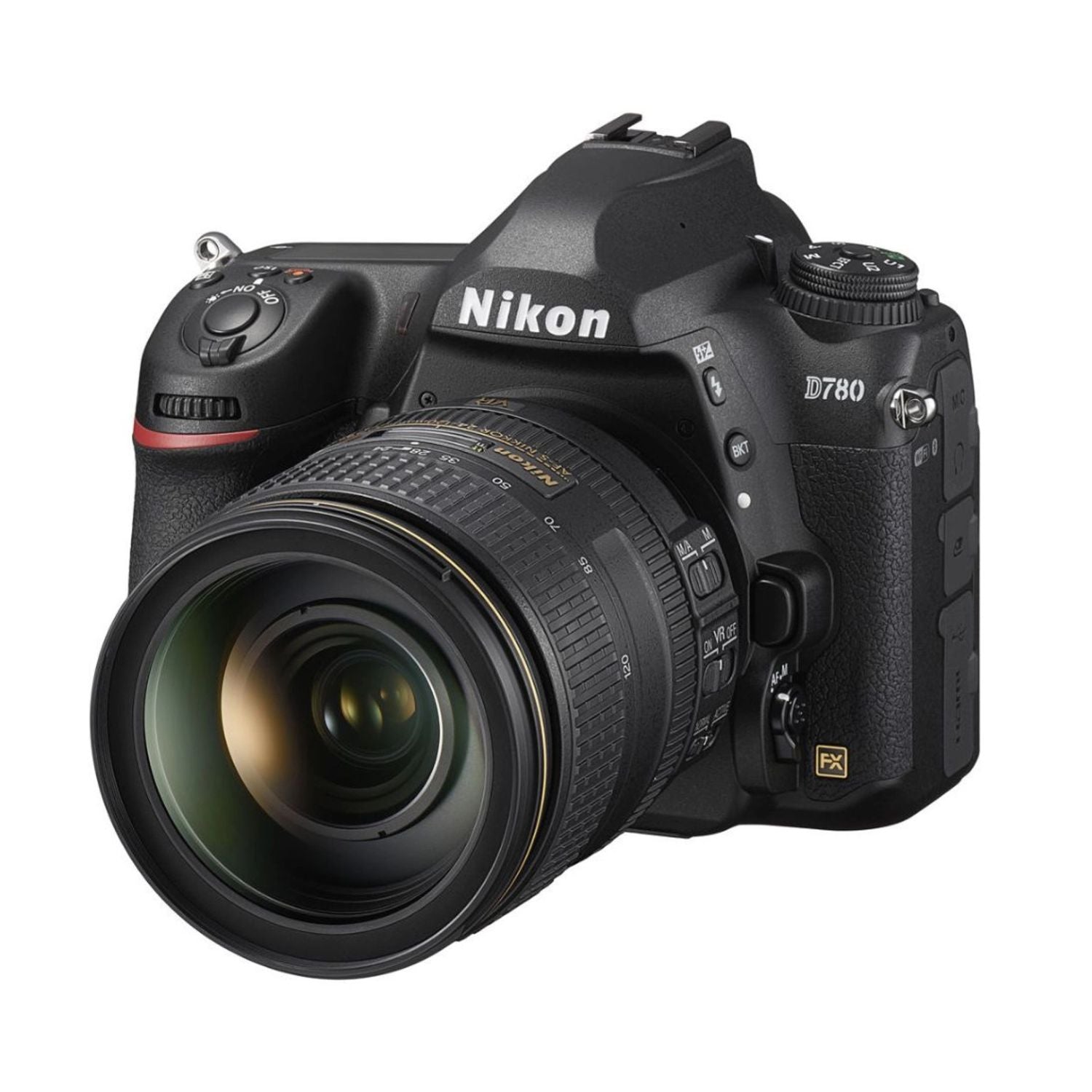 DSLR camera side angle, black 24-120mm lens with focus/zoom rings