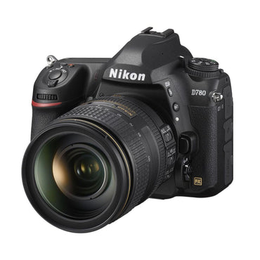 DSLR camera side angle, black 24-120mm lens with focus/zoom rings