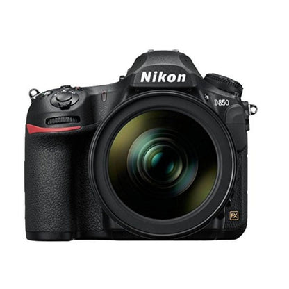 Nikon D850 DSLR with 24-120mm lens, front view; large lens and controls visible