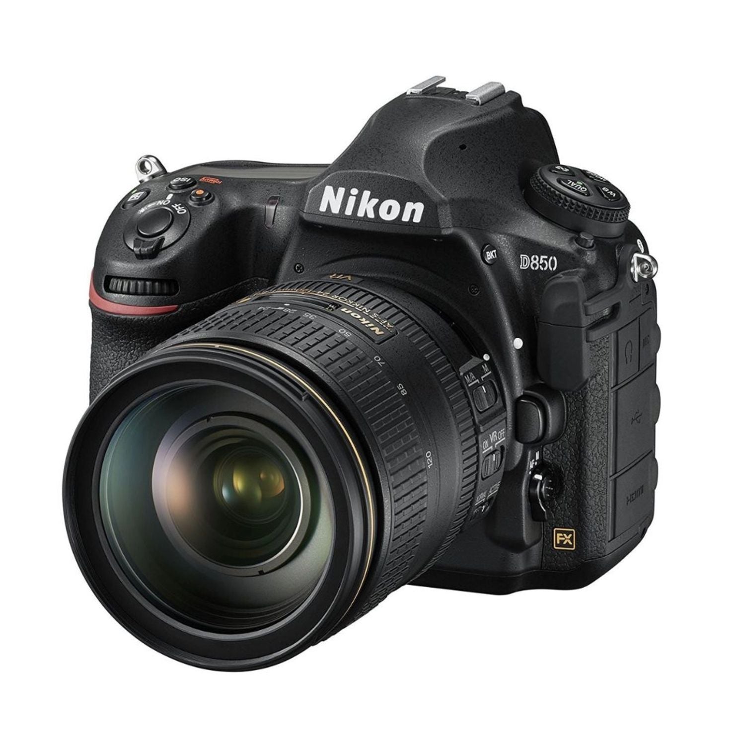 Nikon D850 DSLR with 24-120mm lens, side view; grip, dials, and camera body visible