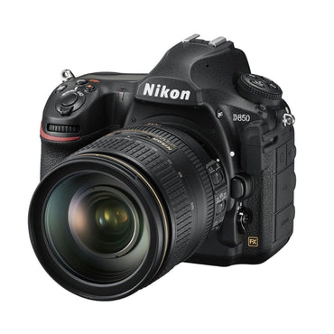 Nikon D850 DSLR with 24-120mm lens, side view; grip, dials, and camera body visible