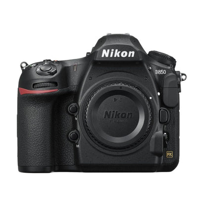 Nikon D850 DSLR, black body with lens mount, front controls and D850 label