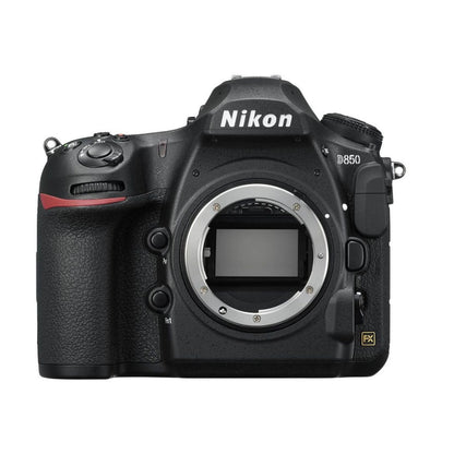 Nikon D850 DSLR, rear view with LCD screen, buttons, and FX badge