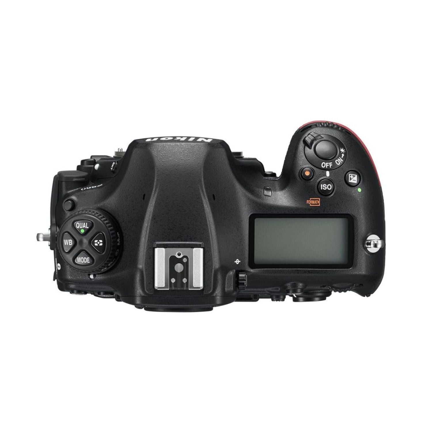 Nikon D850 DSLR, top controls with ISO, power OFF switch, and mode dial