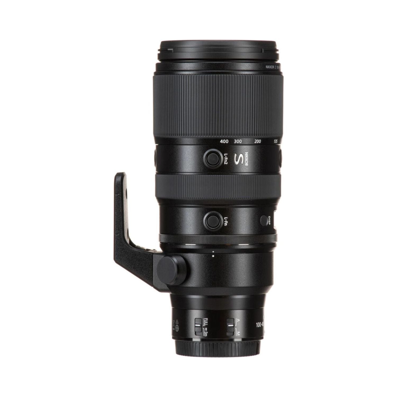 NIKKOR Z 100-400mm VR S Zoomobjektiv mit seitlichem Stativring und Bedienelementen