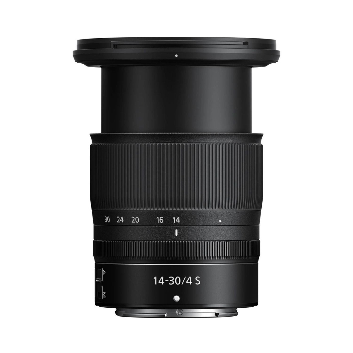 Nikon 14-30mm f/4 S Objektiv von der Seite, Bedienelemente und Anschlussbereich