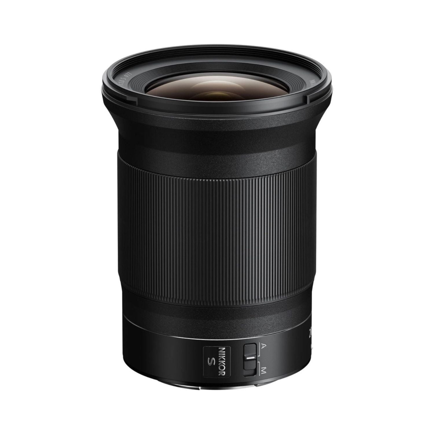 NIKKOR Z 20mm f/1.8 S lens angled view, textured focus/ring area visible
