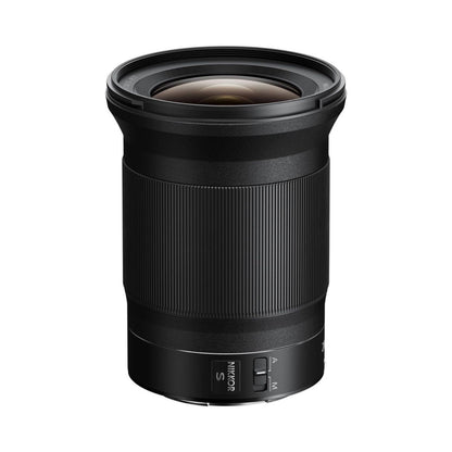 NIKKOR Z 20mm f/1.8 S lens angled view, textured focus/ring area visible