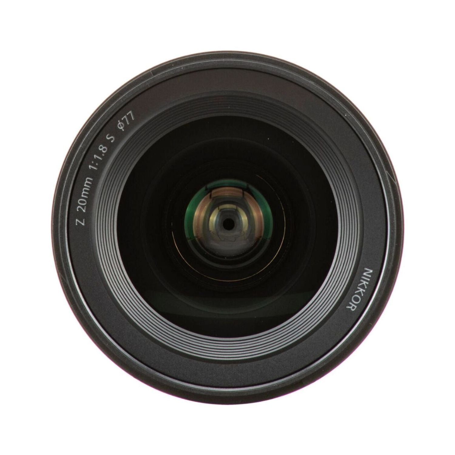 NIKKOR Z 20mm f/1.8 S lens front element close-up, glass optics facing camera