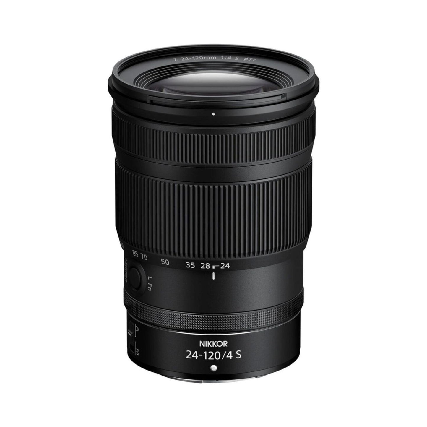 NIKKOR Z 24-120mm f/4 S lens in black, front view with ribbed barrel