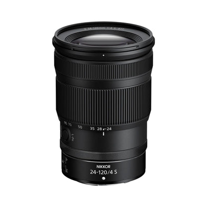 NIKKOR Z 24-120mm f/4 S lens in black, front view with ribbed barrel