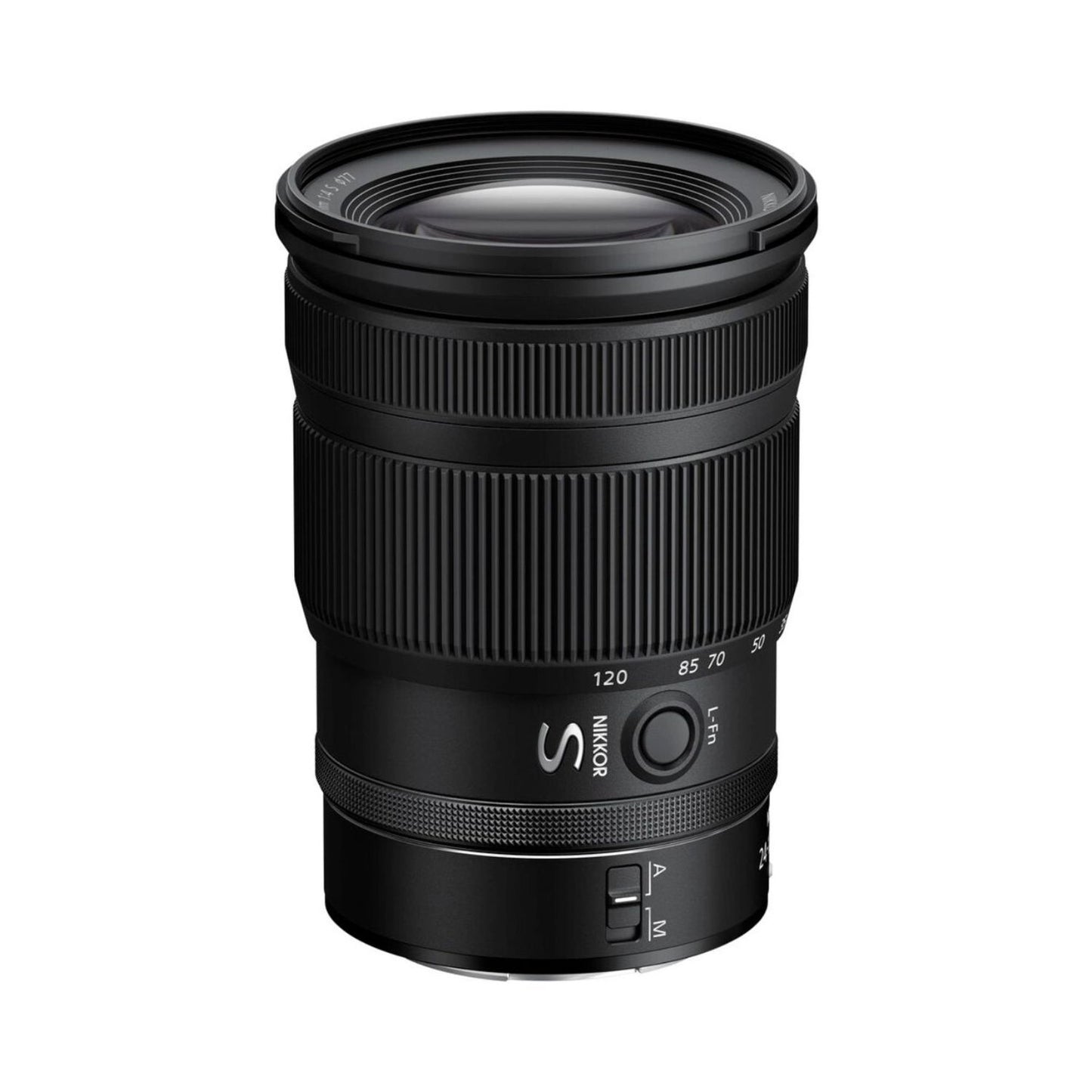 NIKKOR Z 24-120mm f/4 S lens, side view with zoom and mode markings