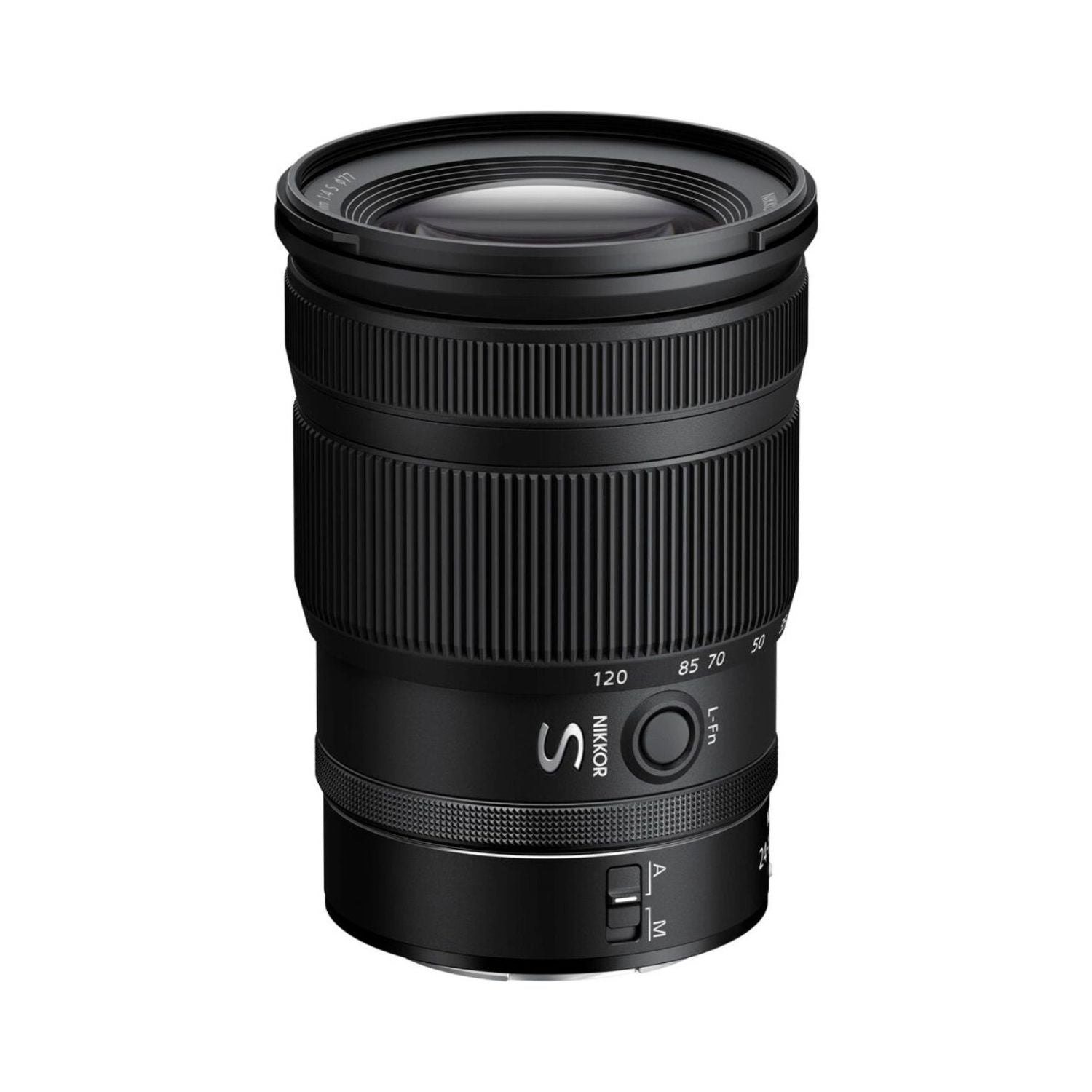 NIKKOR Z 24-120mm f/4 S lens, side view with zoom and mode markings