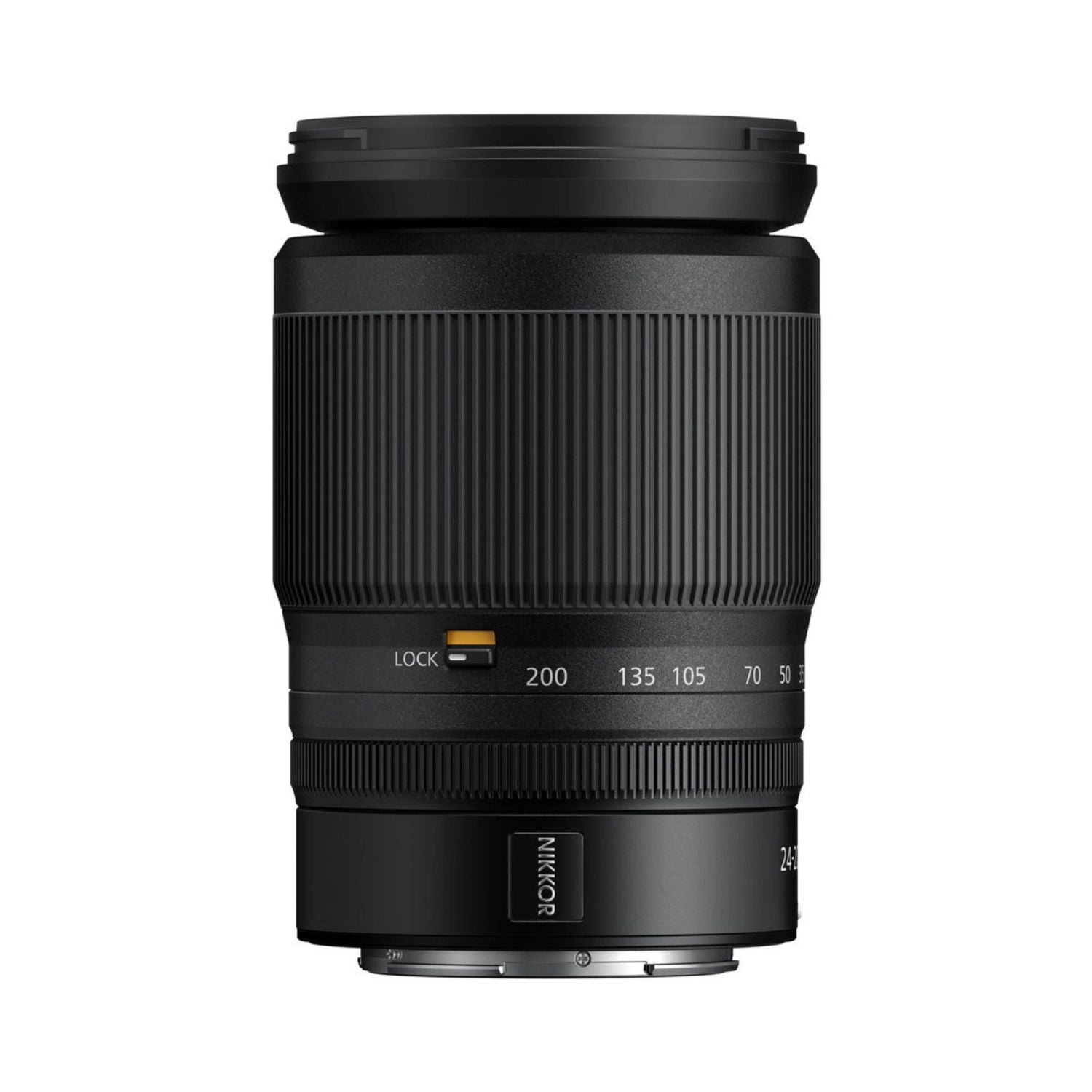 NIKKOR Z 24-200mm lens rear view with lock switch and distance scale, black