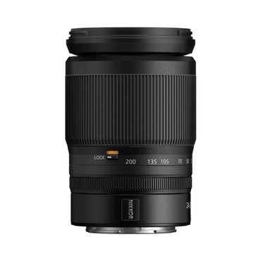 NIKKOR Z 24-200mm lens rear view with lock switch and distance scale, black
