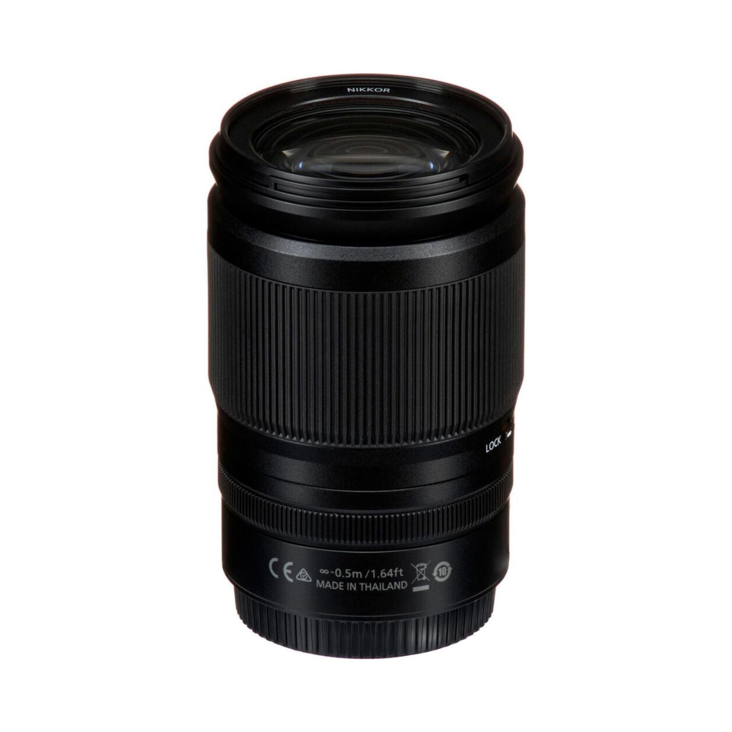 NIKKOR Z 24-200mm lens side view with front glass and compliance markings, black