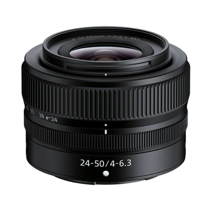NIKKOR Z 24-50mm f/4-6.3 lens, textured grip ring and front glass