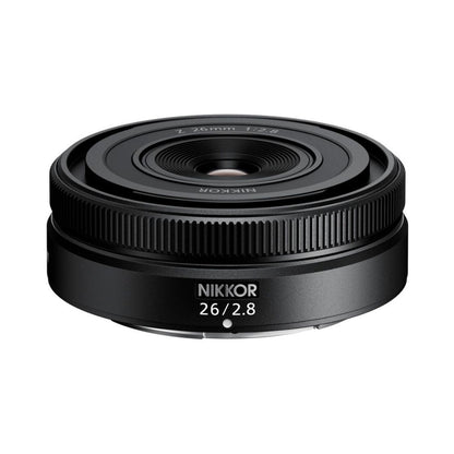 NIKKOR Z 26mm f/2.8 lens, front glass and ribbed grip ring