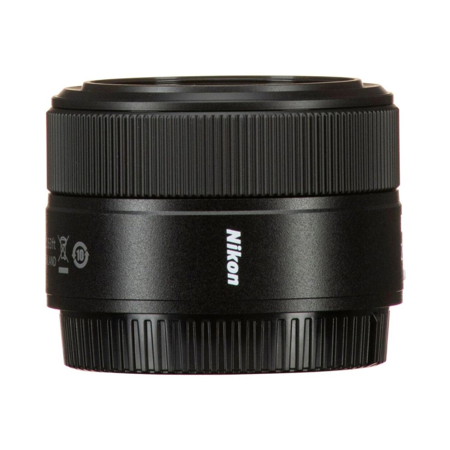 Nikon Z 28mm f/2.8 lens side, “Nikon” branding and ribbed grip