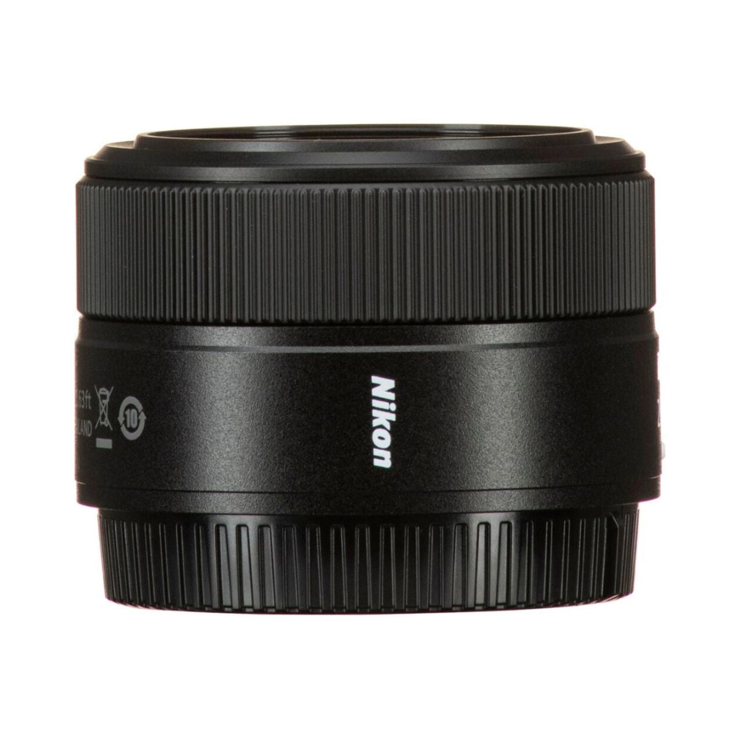Nikon Z 28mm f/2.8 lens side, “Nikon” branding and ribbed grip