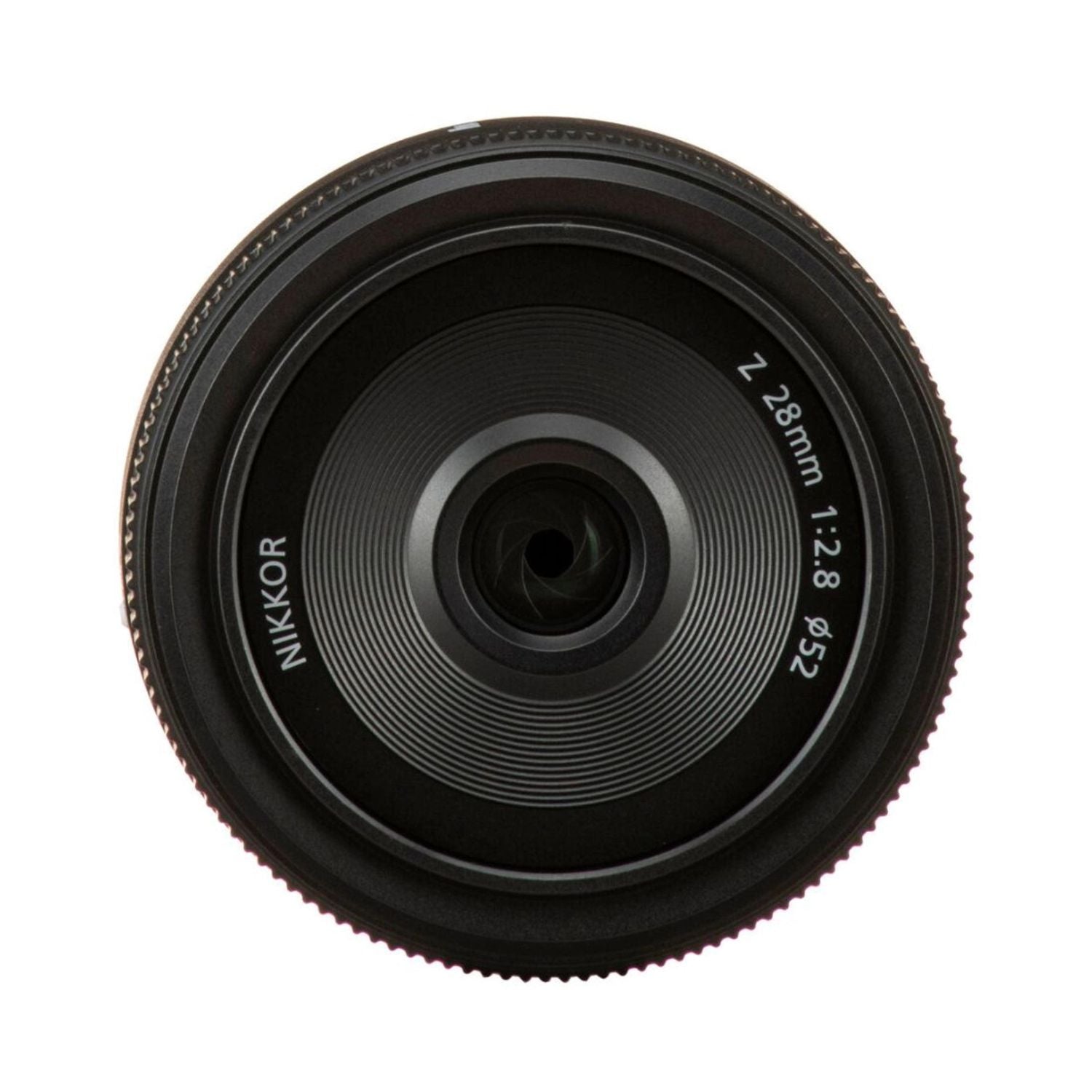 NIKKOR 28mm f/2.8 lens top view, glass elements and 28mm/2.8 scale
