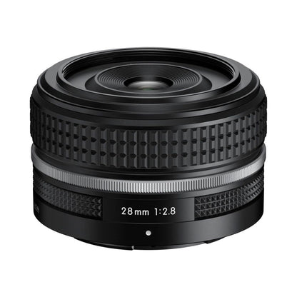 28mm f/2.8 SE lens front with textured grip ring and engraved focal info