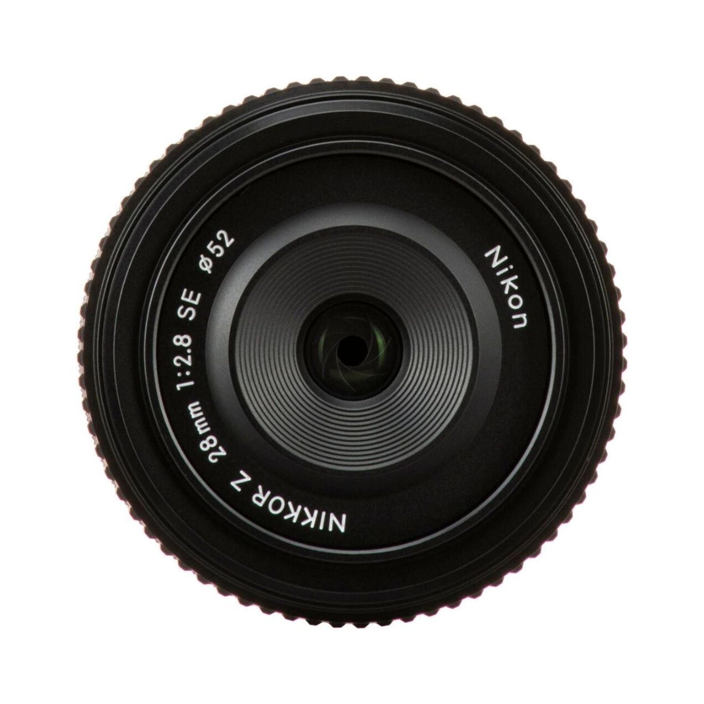 28mm f/2.8 SE lens top view with NIKKOR Z branding and glass aperture