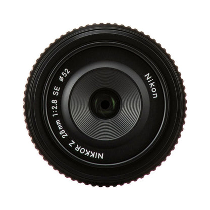 28mm f/2.8 SE lens top view with NIKKOR Z branding and glass aperture