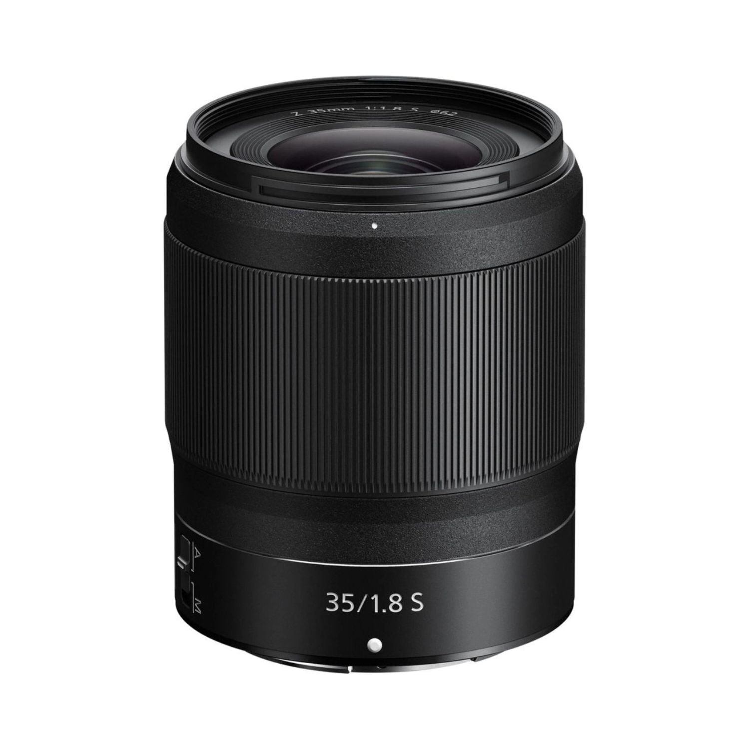 NIKKOR Z 35mm f/1.8 S lens, black, front view with 35/1.8 S text