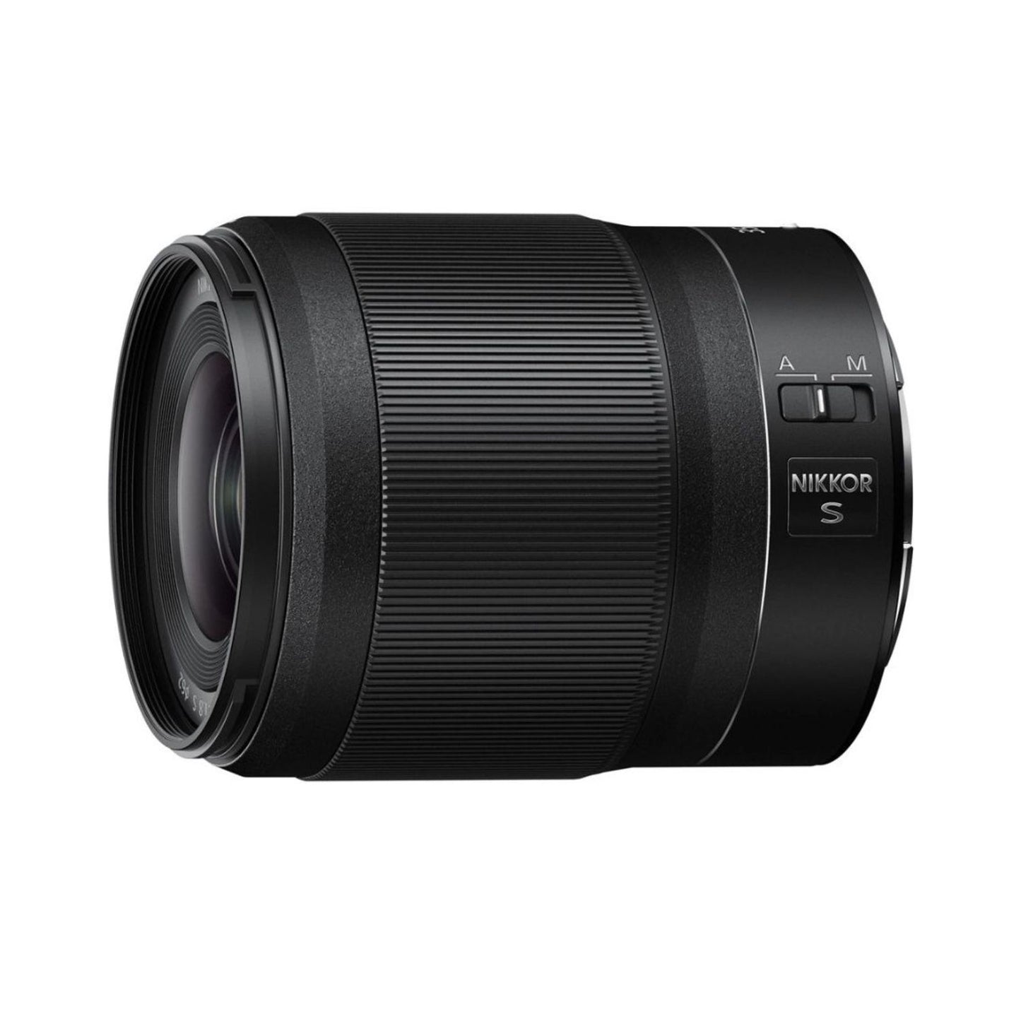 NIKKOR Z 35mm f/1.8 S lens, black side view with A-M switch and NIKKOR S label