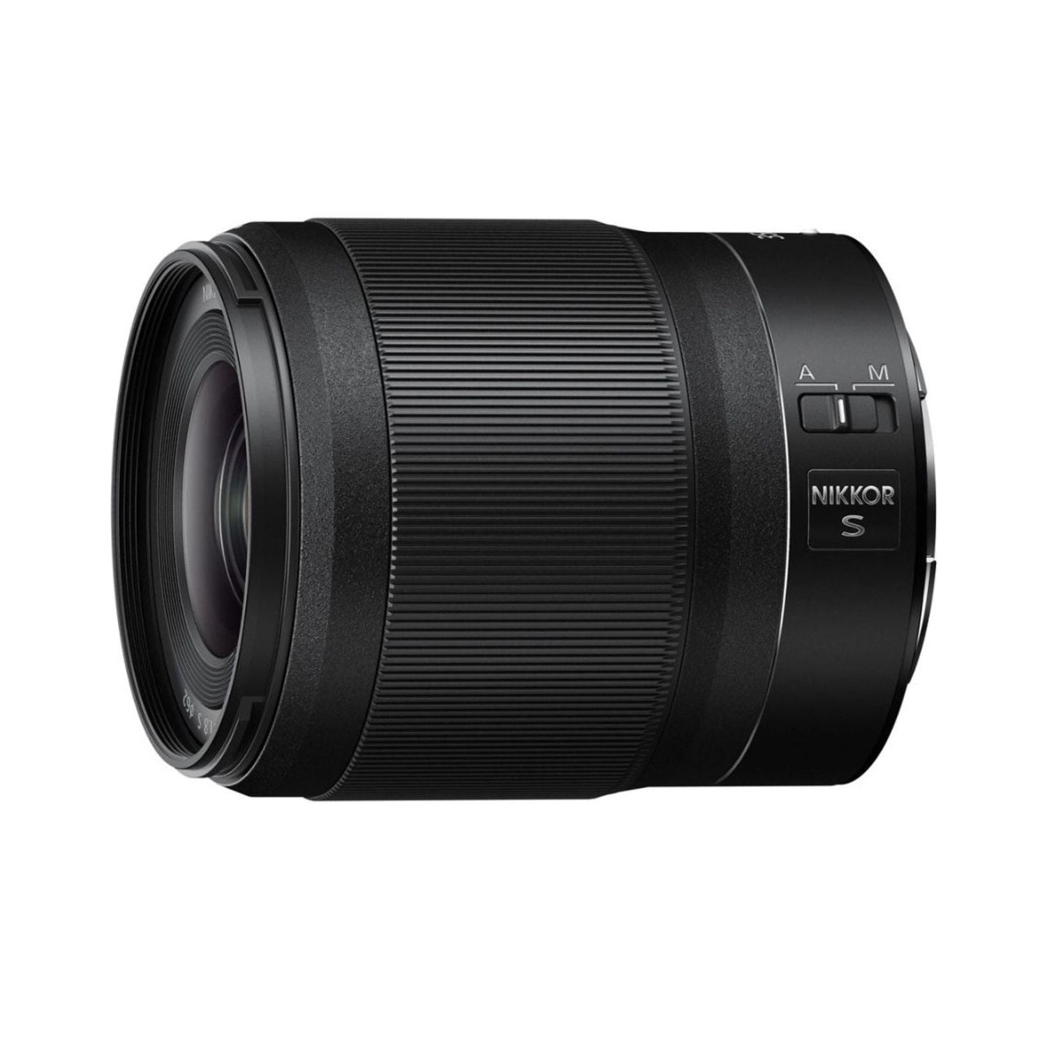 NIKKOR Z 35mm f/1.8 S lens, black side view with A-M switch and NIKKOR S label