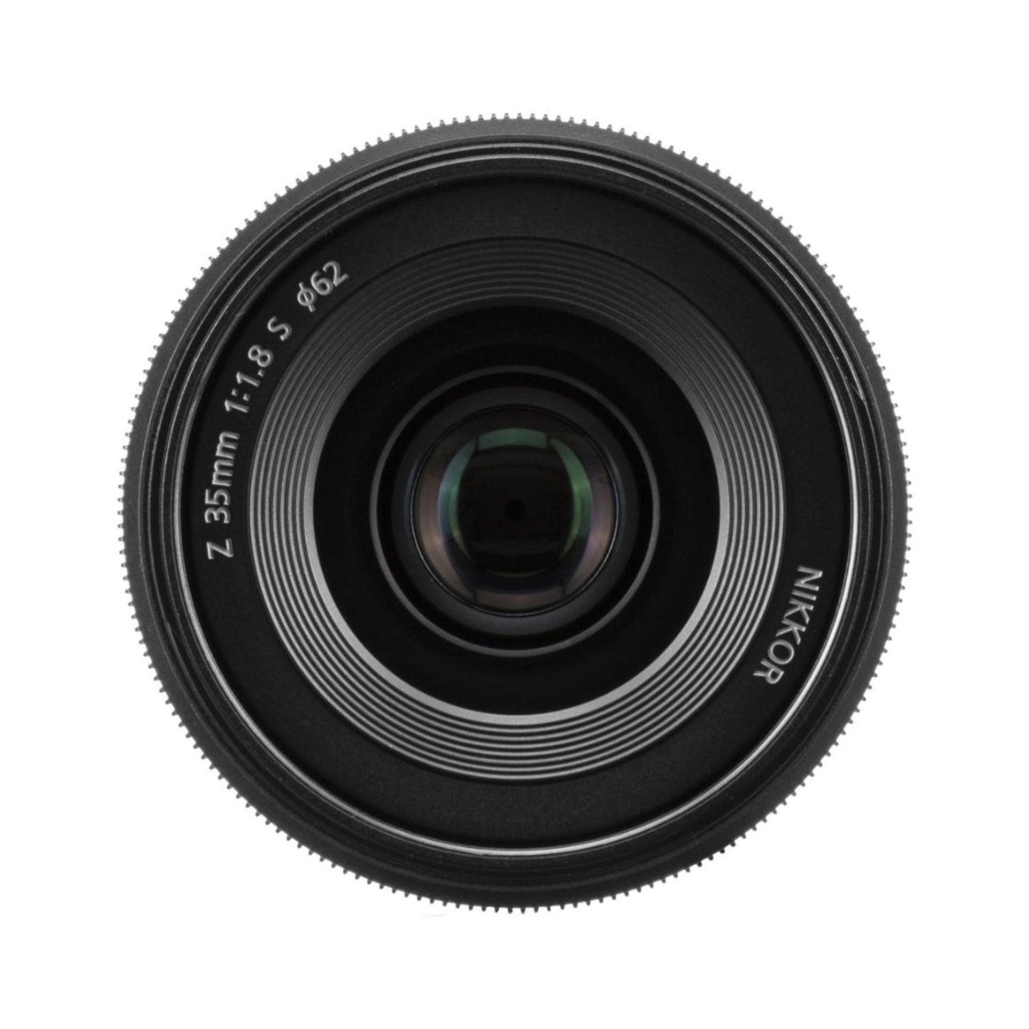 NIKKOR Z 35mm f/1.8 S lens, front glass with ridged ring and 35mm 1:1.8 S marking
