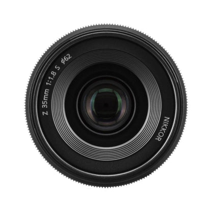 NIKKOR Z 35mm f/1.8 S lens, front glass with ridged ring and 35mm 1:1.8 S marking